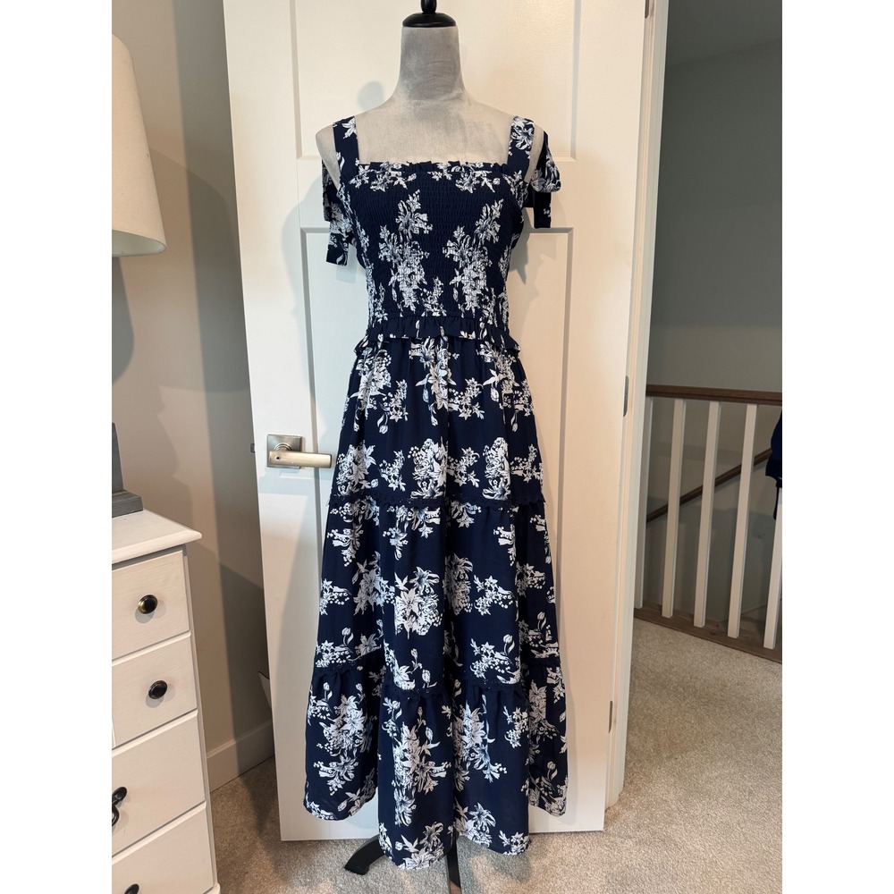 MoCo Boutique Navy Blue Floral Smocked Tiered Maxi Dress Tie Shoulder Medium
